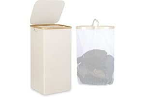iEGrow Laundry Basket with Lid 110L, Laundry Hamper with Removable Inner Bag and Bamboo Handles, Large Collapsible Washing Basket for Laundry Room Bedroom Bathroom (Beige)