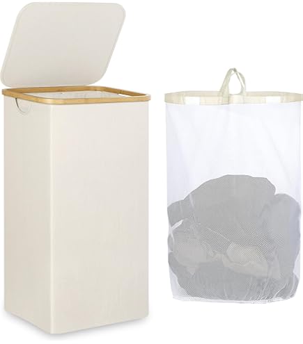 HELLKOPF Wasmand met deksel, 140 liter, grote capaciteit, wasverzamelaar met 2 vakken voor het sorteren van vuile was, 4 afneembare binnenzakken, eenvoudig te monteren, beige-lichtgrijs HELLKOPF Wasmand met deksel, 140 liter, grote capaciteit, wasverzamelaar met 2 vakken voor het sorteren van vuile was, 4 afneembare binnenzakken, eenvoudig te monteren, beige-lichtgrijs