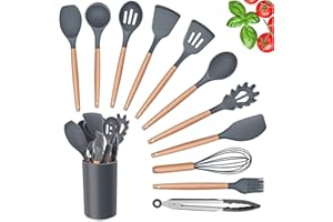 Herogo Set di utensili da cucina, 12 pezzi, set di posate resistenti al calore, con manico in legno, antiaderenti, utensili da cucina con supporto, paletta e pinza, colore: grigio