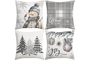 Miaikoe Christmas Cushion Covers 45x45 cm Set of 4, Decorative Farmhouse Snowman Joy Believe Christmas Tree Grey Pillow Covers for Winter Holiday Home Decor Decoration