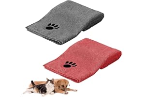 HRILKAOD 2 Pièces Serviette pour Chien et Chats, 75 x 35 cm Serviette de Bain pour Animaux de Compagnie Serviette en Microfibre Douce et Absorbante Serviette à Séchage Rapide (Gris+Rouge)