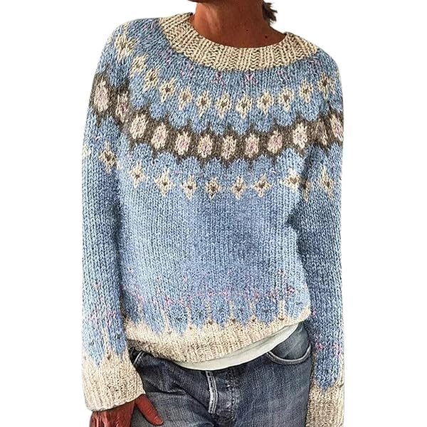 Cosy Jumpers For Women UK Fair Isle Retro Pattern Long Sleeve Crew Neck Soft Warm Winter Loose Fit Knitwear Nordic Sweater Casual Outfit Tops Knitted Pullover Christmas Ladies Icelandic Jumper - View #10