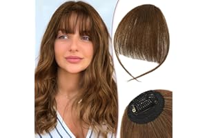 RUWISS Postiche Flequillo a Clip 100% Cabello Humano Natural Extensiones Flequillo Templo Extensión Flequillo Clip para Mujeres(Castaño Medio)