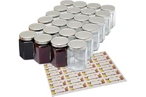 Better Bottles 8oz Jam Jars with Lids and Sticker Labels, 24 Pack, Reusable Hexagonal Canning Storage for Preserves, Jelly, Herbs, and Spices, Clear Glass