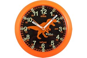 Kiddus Wall Clock for Boys and Girls. Silent Analogue Time Teacher with Exercises. Easy to Read and Learn the Time.Dino Black&Orange