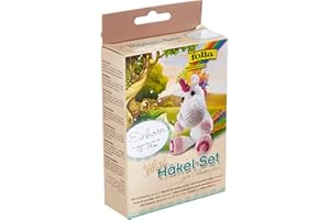 folia 23910 - Mini Häkelset Einhorn, Komplettset zur Erstellung von einem selbst gehäkelten niedlichen Einhorn, ca. 12 - 14 cm groß, für Kinder ab 8 Jahren und Erwachsene, als Geschenk