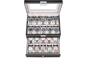 BEWISHOME Uhrenbox 20 uhren, Uhrenkasten Herren, uhrenaufbewahrung 2 Ebenen, Uhrenschatulle Herren und Damen, Metallscharnier, schwarzes PU-Leder, Glasplatte, großer Halter, ESSH04B