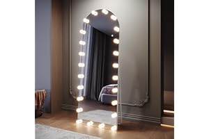 Sirhona - Espejo de pie LED, 160 x 60 cm, espejo de longitud completa con 26 bombillas desmontables 3 colores, espejo abovedado regulable, memoria, puerto USB, montaje colgar o colocar, anticaída