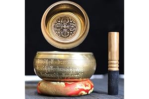 Gandhanra Tibetan Singing Bowl Set,Carved with Crossed Vajra and Mentra of Om Mane Padme Hum,For Sound Healing,Meditation,Yoga,Relaxation,Chakra Balance,Handmade in Nepal(4.13inches)