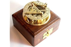 THOR INSTRUMENTS Brass Sundial Compass Solid Brass Pocket Sundial - West London with Wooden Box Rustic Vintage Home Decor Gifts