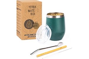 Bleez [Nouveau] Tasse à Maté Coffret Design [Calebasse isotherme 350ML + Couvercle ergonomique + Bombillas Bambou + Kit d'entretien] Pack Yerba Mate Thé Box Découverte Boisson Naturelle