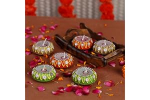 4OUR FAITH 6 Pc Matki Wax Filled Diya Set: Colorful Handpainted Terracotta Diyas for Diwali Pooja & Decoration | Natural MITTI Dia | Unique Indian Gift for Deepawali Celebrations - Multicolor
