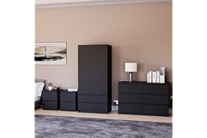 Vida Designs Denver Bedroom Furniture Set (Black, 4pc-6 DWR Chest+2 Dr Wardrobe+2 x 2 DWR Nightstand)