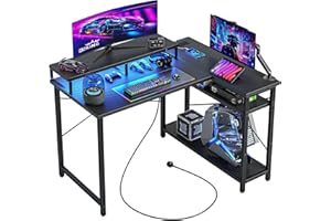 CubiCubi Bureau Gaming d'angle avec LED, Prises de Courant et Support d'Écran, 105.5 x 80 cm Bureau en L, Réversible, avec Étagère, pour Bureau à Domicile, Travail et Gaming, Noir