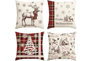 Artoid Mode Rot BüffelKaro Weihnachtsbaum Rentier Frohe Weihnachten Kissenbezüge 4er Set, 40x40 cm Winter Zierkissenbezug Cushion Cover Couch Deko