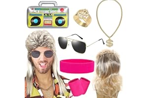 IRWOY 6 in 1 Vokuhila Set mit Assi Perücke: Karneval Perücke Herren,Aufblasbare Radio Boombox Sonnenbrille Goldkette Ring Gold Dollar 80er 90er Party Accessoires Rapper Zubehör Hip Hop Kostüm Kit