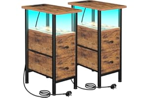 LOAKEKEL Slim Bedside Table Set of 2 with Charging Station, Narrow Side Table with LED Lights, Sofa Table with 2 Fabric Drawers, Nightstand for Small Spaces, Living Room, Bedroom, Brown UHETNDP02PLBR