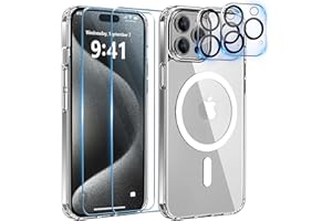 YisrLery 5 in 1 Magnétique Coque Compatible avec iPhone 15 Pro avec 2 Verres Trempés et 2 Caméra Protecteur, Compatible MagSafe Dos Anti Rayures Coque Antichoc TPU Bumper Case (Transparent)
