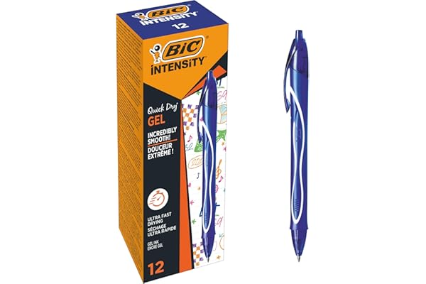 BIC Gel-ocity Quick Dry - Stylos-Gel Rétractables Séchage Ultra-Rapide - Pointe Moyenne (0,7 mm) - Bleu, Boîte de 12