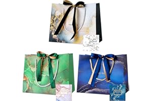 BBLIKE Torebki na prezenty, 3 sztuki torebek papierowych z tasiemkami + 3 kartki z życzeniami, torebki prezentowe z uchwytem, torebki imprezowe, torebki na dno, na urodziny, wesele, imprezę, Boże