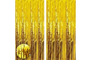 AISSZHAO 2pcs 3.2ft x 6.5ft Foil Curtain Decorations,Gold Tinsel Foil Fringe Curtains Streamers Backdrop for Birthday Graduation Wedding Engagement Bridal Shower Bachelorette Holiday Gold Party Decorations