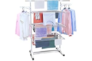 GALERIA DEL COLECCIONISTA TENDEX Tendedero Vertical Plegable XXL 6 Bandejas Ajustables, 2 Soportes (para 10 Perchas), Barra Extensible 2m, Ganchos/Cruces integrados. Ruedas Acero inoxidable Plegado sólo 14cm Soporta 25kg ropa