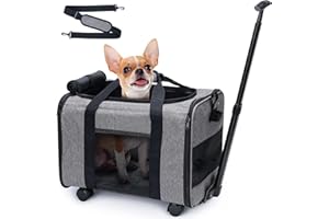 Babenest Hund Transporttasche Faltbar mit Trolley, Tragetasche mit Abnehmbar Teleskopgriff & Stummen Rädern für Flugzeug, Transportbox mit Schultergurt für Kleine & Mittelgroße Haustiere Reisen, Grau