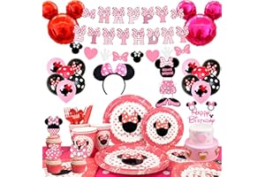 Fournitures de Fête Minnie,131Pcs Decoration Anniversaire Minnie&Vaisselle de Fête Minnie Inclure Ballon Minnie,Bannière Nappe Assiettes Tasses Serviettes,ect Minnie Party Supplie Sert 10 Invités