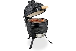 Relaxdays Barbecue Kamado, Ø 26 cm, Grill Japonais céramique avec thermomètre 450°C, grillade, fumoir, Couvercle, Noir
