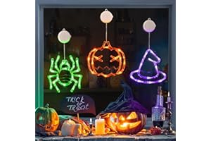 LOLStar Halloween Window Decorations 3 Pack Orange Pumpkin Green Spider Purple Witch Hat Battery Operated Window Lights with Suction Cup Slow Fade Timer Function Halloween Indoor Lights for Windows