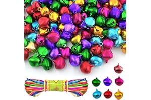 HIQU AND HIST 150 sztuk metalowych dzwoneczków, 14 mm z oczkami, z kolorową linką 20 m, dzwonki do majsterkowania, małe dzwonki bożonarodzeniowe do dekoracji festiwalowych, produkcji biżuterii, obroży dla psów (7