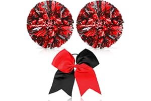Theaque Pompones de animadora y lazo grande para el pelo de animadora para niña, pompones metálicos grandes de animadora de 12 pulgadas para animar al equipo deportivo (mezcla de rojo y negro)