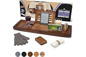 Temple Spring Wooden Bath Tray, Bath Shelf Bathroom Accessory, Home Spa Boards for Adults, Bathtub Caddy, Bamboo Bathroom Accessories Set, Extendable Bathtub Rack with iPad & Phone Holder -Wood Brown