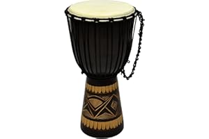 NEXOS TRADING 50 cm Djembe Trommel Buschtrommel Afrika-Style geschnitzt Handarbeit exotische Motive Schnüre Knoten Ziegenfell schwarz braun