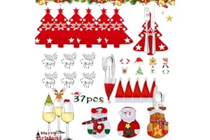 Cheloveer 37PCS Weihnachten Tischdeko, Bestecktasche Weihnachten, Weihnachtsmann Besteckbeutel Serviettenring Weihnachtsmützen Bestecktasche für Weihnachtsdeko Tisch, Besteckhalter Weihnachten