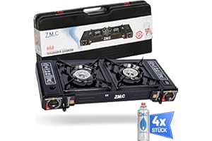 Z.M.C Hornillo de gas para camping ZMC de 2 fuegos con 4 cartuchos de gas de 227 g, 2,5 kW, incluye adaptador para conexión LPG + maletín de almacenamiento, set de hornillo de camping con encendido