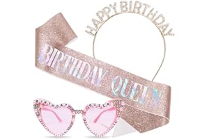 Stiedey Birthday Queen Accessories Kit, Birthday Glitter Pink Sash with Heart Pearl Sunglasses and Sparkling Crystal Headband, Happy Birthday Party Accessories for Girl Women Costume