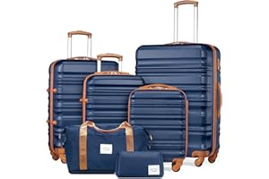 LONG VACATION Koffer handgepäck Trolley Koffer, Reisekoffer Set Reise Hartschalen Trolley 4 Rollen TSA-Schloss Der Koffer Enthält 1 Reisetasche und 1 Kulturbeutel(Blau/Braun, Koffer-Set 6tlg)