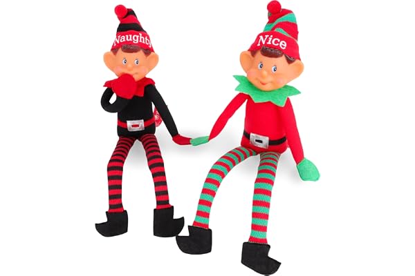 Toyland® Alver med attityd Tvillingpack Älv mjukisdjur-35 cm (14")-Stygga och Bra alver-Den ultimata festduon-Stickad mössa och ben-Vinylfräckt ansikte och ihopstickade händer-Festligt kul för alla