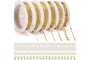 DRAUPNIR 14m 6 Rouleau Chaînes Collier, Chaînes pour Bijoux Doré Avec Fermoirs à Homard, Anneaux Saut et Bague en U Kit Fabrication Bijoux pour Collier DIY, Bracelet, Breloques, Artisanat Décoration
