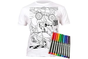 Splat Planet Camiseta Coches para niños. con impresión para Pintar y Colorear. Incluye 10 Colores mágicos Lavables. Cumpleaños Infantil.