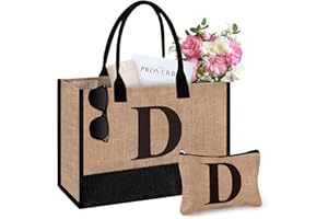 TECANNE Initial Jute Tote Bag & Makeup Bag, Birthday Gifts for Women Her Mum Teacher, Suitable for Wedding, Beach, Holiday