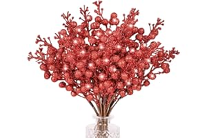 ‎N&T NIETING N&T NIETING 24 Pack Beeren Weihnachtsdekorationen, Weihnachtsbeeren mit Glitter, künstliche Holly Beeren Stamm-Ornamente für Kranz, der Weihnachtsbaum-Dekorationen herstellt