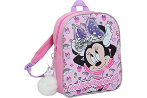 Disney Minnie Mouse Girls Backpack with Glitter Sequin Bow Kids School Toddler Nursery Lunch Bag Junior Rucksack Book Carry On with Unicorn Pom