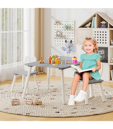 Legno Massiccio Set Tavolo E Sedie Per Bambini GYMAX Gambe In Legno  Design Con Orecchie Da Coniglio Grigio Tavolo Bambini Con Sedie