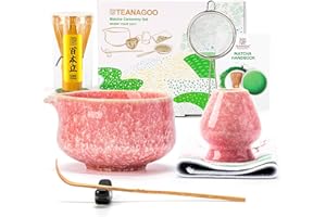 ‎TEANAGOO TEANAGOO Zestaw trzepaczek Matcha, zestaw 7 szt., różowy, zestaw do ceremonii matcha, zestaw do herbaty matcha do robienia latte, ceramiczna miska (chawan) z wylewką i trzepaczką, prezent dla