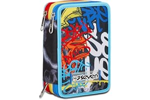 Seven Astuccio Scuola 3 Zip, Blu Rosso Giallo, Mark On Boy, Portapenne Triplo Scomparto Completo Di Penne, Matite, Colori, Accessori Zaino, Elementari, Medie, Bambino