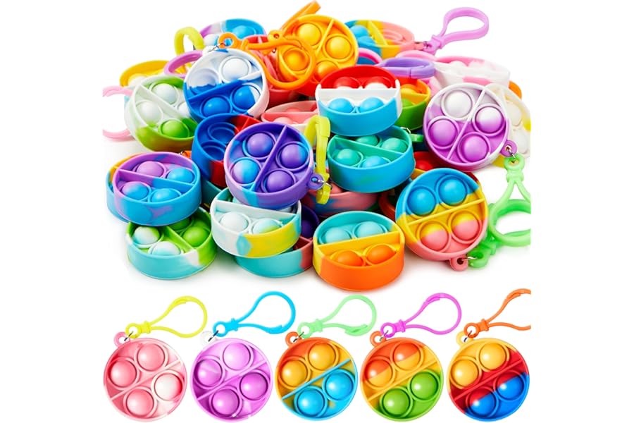 JOYIN 30 PCS Party Bag Fillers for Kids, Round Pop Fidget Kerings Mini Fidget Toys for Kids, Poppet Fidget Toy Stress Relief Squeeze Keychain Toys, Party Favors Gifts for Boys and Girls