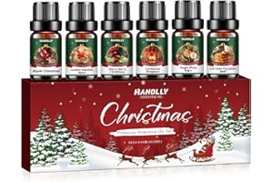 HANOLLY Oli Essenziali per Diffusori Natale 6x10ml, Olio Essenziale Naturali per Profumo casa Massaggio, Cannella-Mela, Spezie Dorate, Bacche Natalizie, Prugna Zuccherata, Zucca e Caramello