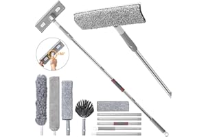 Augot Window Squeegee Cleaner, 5 in 1 Rotatable Window Cleaning Squeegee Kit with Long Handle, Window Washer Glass Cleaner Tool for Outdoor and Home, Window Squeegee with Duster and Dust Brush(Grey)